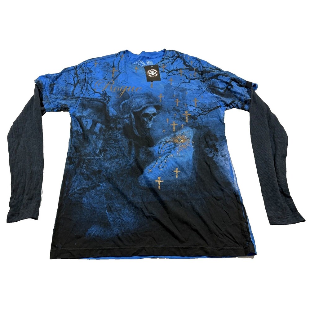 Affliction x Rogue Dark Angel 2fer Thermal Long Sleeve T-Shirt Skull Sz L NWT